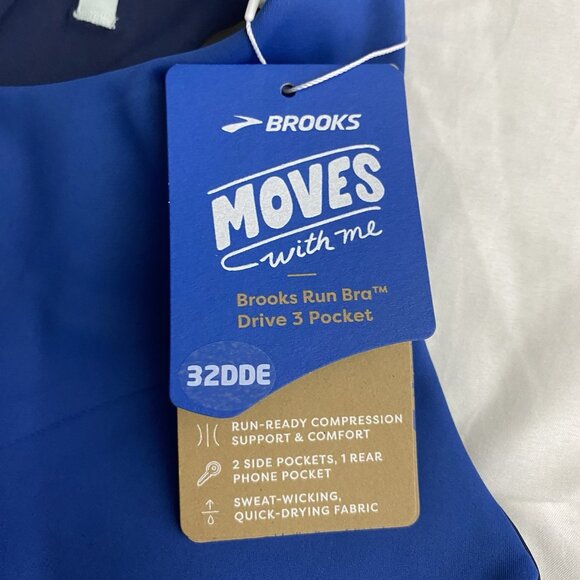 Brooks 32DD/E Drive 3 Pocket Run Bra Blue Ash Ice Blue Navy Compression Wicking - Picture 8 of 11